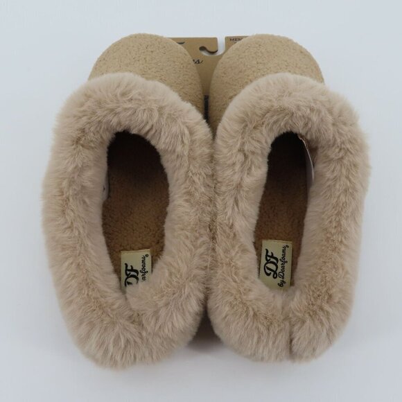 Dearfoams Women Large 9-10 Beige Fuzzy Memory Foam Indoor Outdoor Slippers NEW - Picture 6 of 14